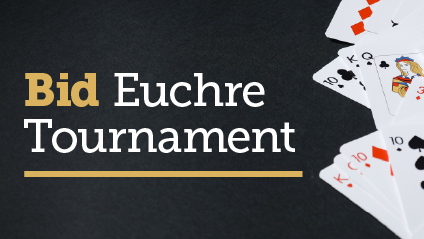 Bid Euchre Tournament logo on black felt background with playing cards spread out on the right side