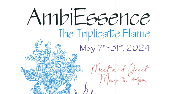 Stylized blue flame design with event text including dates in blue and red.