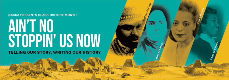 Colorful banner with four people's faces and ancient ruins.