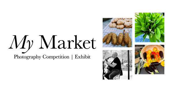 My Market photography exhibit logo with food and market scenes.