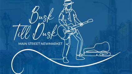 Street performer logo over a blue-toned street scene background.