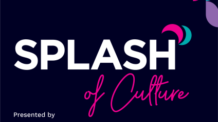 SPLASH of Culture logo with colorful abstract shapes on dark background.