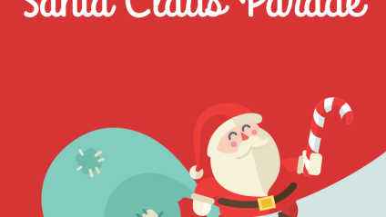 Santa with candy cane and sack on a red background.