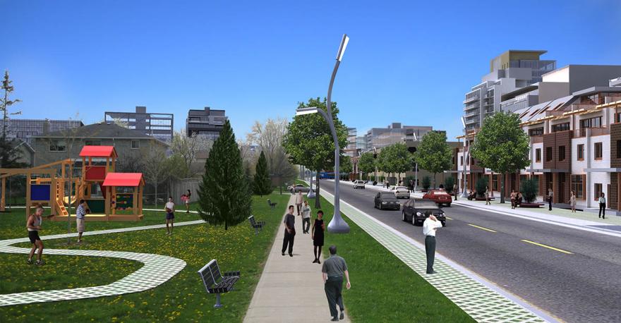 Urban park with playground, sidewalk, and road; people walking and cars driving.