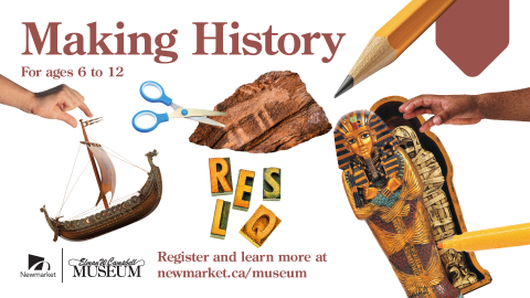 Making History for ages 6 to 12 text, an assortment of historical items like a viking ship, a sarcophagus, cave drawings and wood block letters. Kids' hands reaching out and interacting with them.