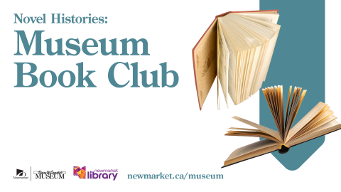 Novel Histories: Museum Book Club banner, two open books floating in midair