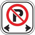 No parking sign with arrows, red circle and diagonal line.