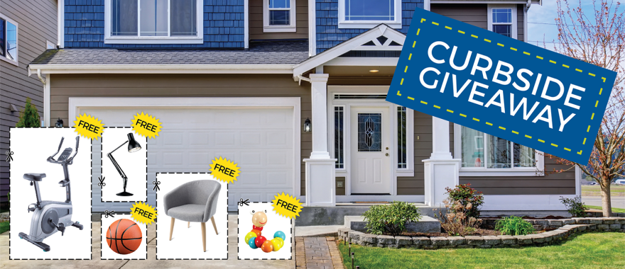 Curbside giveaway items in front of a suburban house.